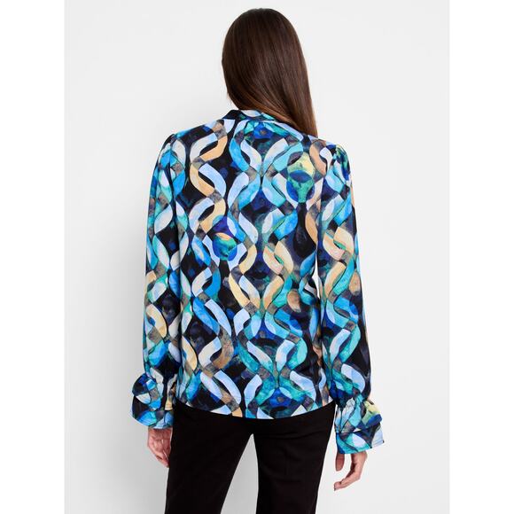 NWT NIC+ZOE Wave Links Top Size M Blue Black Print Blouse Classic Party Dressy - Picture 4 of 13